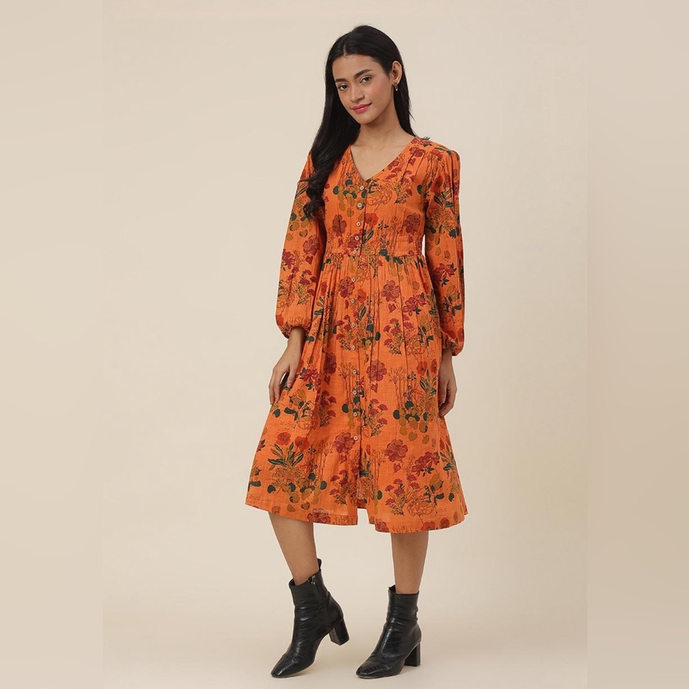 Orange Cotton Printed Midi Dress, size M,